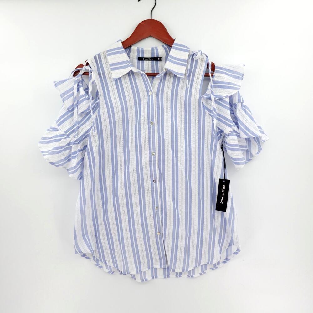 Womens Ruffled Open Sleeve Shirt Medium Blue Coastal Beach Flowy